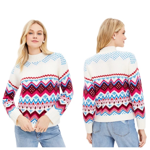 LOFT Sweaters - LOFT Whisper White Fair Isle Wide Sleeve Mock Neck Sweater